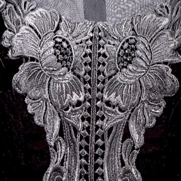 CACHE Vintage Y2K Feminine Black Sheer Mesh Velvet Lace Mock Neck Top Blouse S - Picture 10 of 13